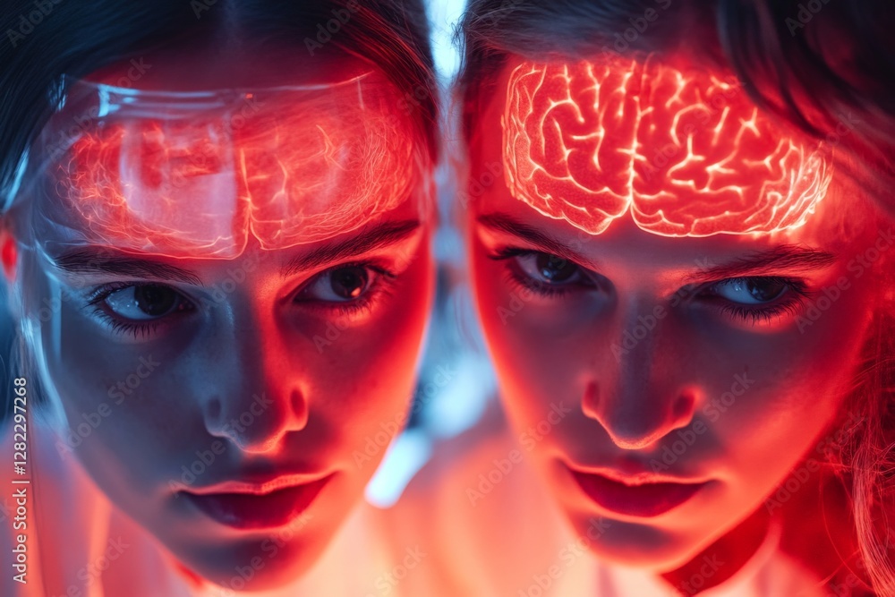 Poster two individuals with glowing brain patterns on their foreheads engaged in a futuristic experiment in