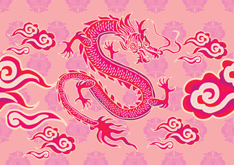 Batik design with dragon motif with dragon, cloud and flower background. Mandarin translation: Dragon
