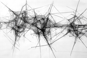 Abstract black and white lines creating a chaotic network pattern, suggesting complexity and depth