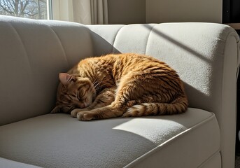 Ginger Cat Napping Peacefully on Bright Sofa in Sunny Room