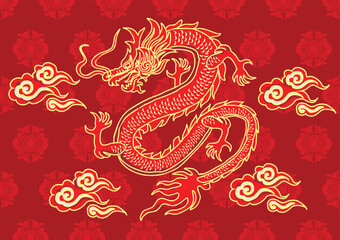 Batik design with dragon motif with dragon, cloud and flower background. Mandarin translation: Dragon