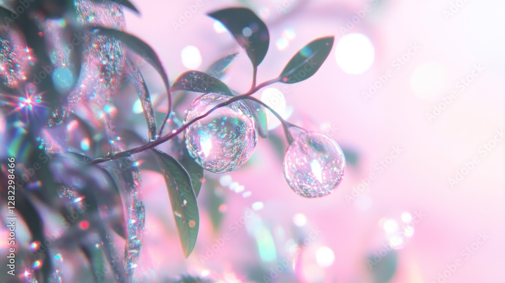 Aufkleber sparkling bubbles on green leaves in soft pink light with bokeh effect