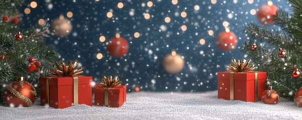 Red christmas gift boxes with gold ribbon on snowy ground with falling snow