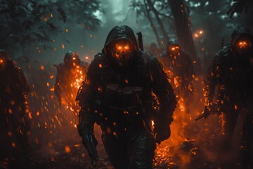 Fototapeta premium Dark warriors emerge from the misty forest, glowing eyes piercing through the shadows at dusk