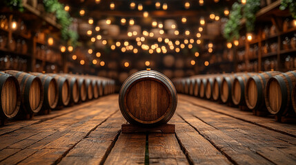 Wooden oak barrels stacked in a cool cellar, representing the aging process of wine or brandy in a distillery. Symbolizing craftsmanship, tradition, and the meticulous art of winemaking.

