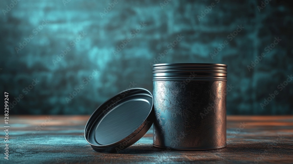 Poster metal container with open lid on a textured table with atmospheric lighting
