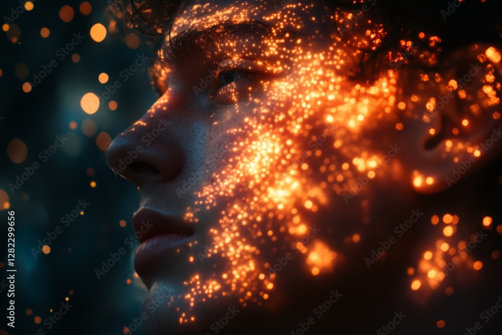 Poster youthful figure gazing into the distance with a vibrant, glowing pattern illuminating the face in an