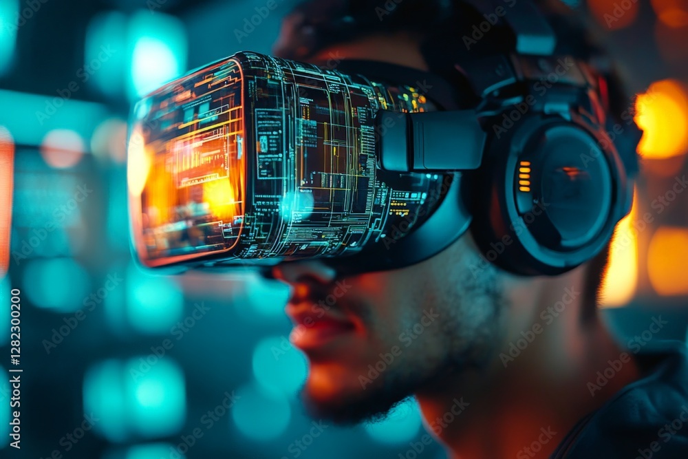 Poster exploring virtual reality technologies in a futuristic environment with immersive graphics