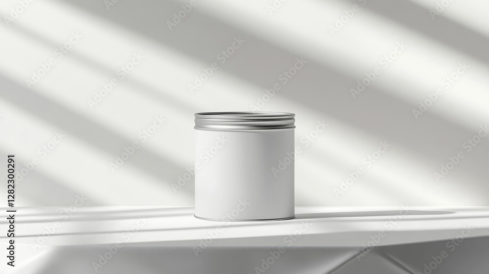 Poster elegant white jar with silver lid on table casting soft shadows minimal style
