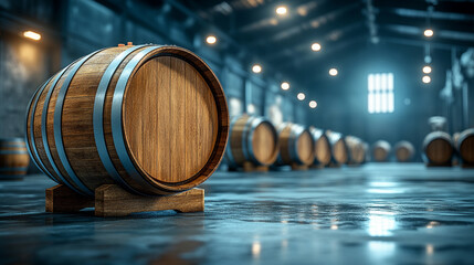 Wooden oak barrels stacked in a cool cellar, representing the aging process of wine or brandy in a distillery. Symbolizing craftsmanship, tradition, and the meticulous art of winemaking.

