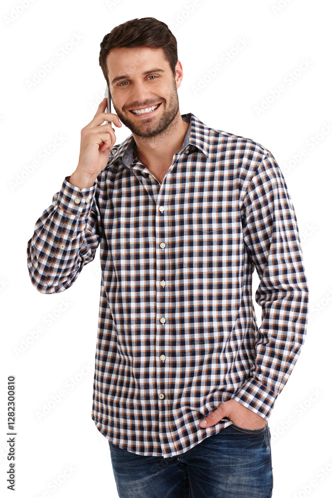 Poster Man, phone call and happy in studio portrait, listening and mobile networking by white background. Person, smartphone and connection with contact with smile, excited and discussion in New Zealand