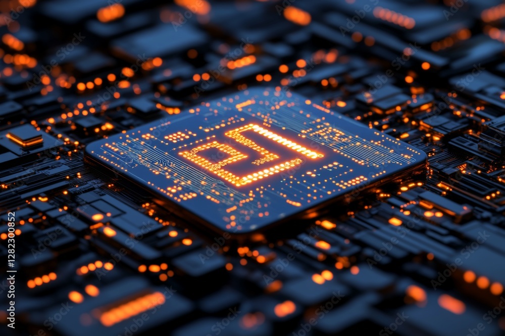 Poster digital circuit board showcasing intricate patterns with glowing orange lights in a dark setting