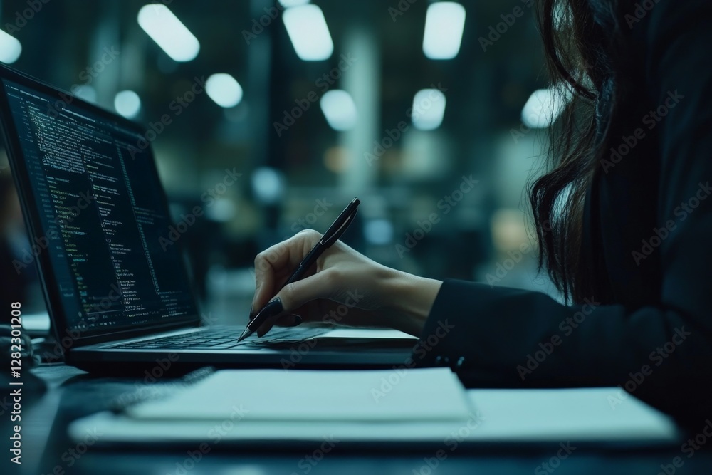 Poster coding session in a modern office with a focus on keyboard and note-taking