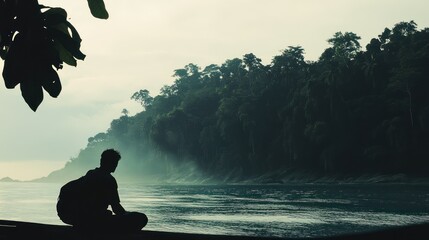 North Sentinel Island, India (Conceptual, No Direct Contact) A distant silhouette of a backpacker on a boat, gazing at the dense, forbidden jungle of North Sentinel Island from offshore. 