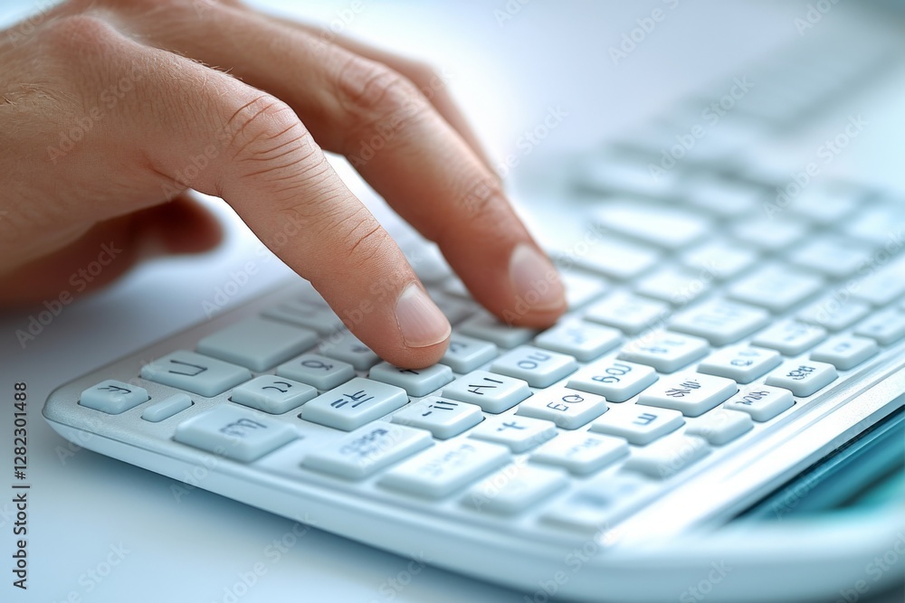 Poster typing on a sleek computer keyboard in a well-lit workspace with focus on hands and keys