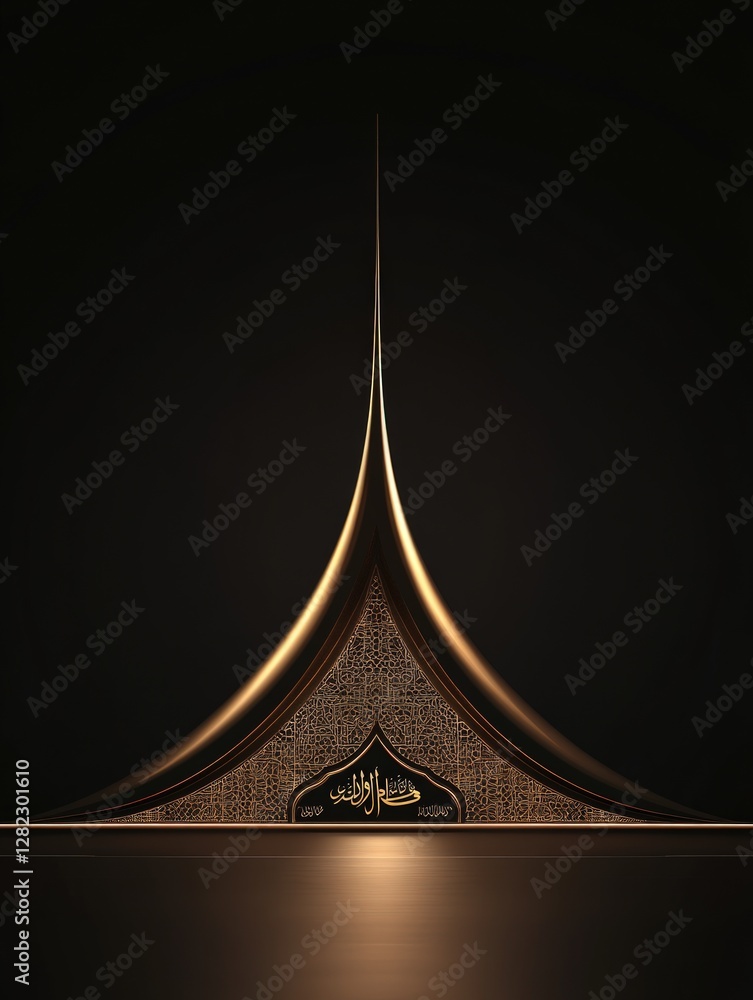 Poster abstract golden structure against dark backdrop, featuring a glowing apex. the design evokes a sense