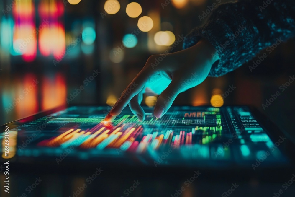 Poster engaging with digital data visualization on a tablet in an illuminated urban environment at night
