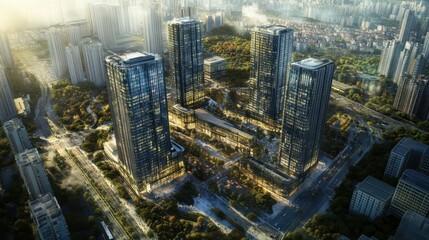 Plakat Cityscape aerial view three skyscrapers, sunrise, urban sprawl, architectural rendering