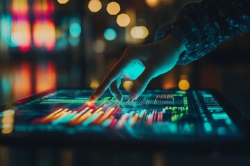 Engaging with digital data visualization on a tablet in an illuminated urban environment at night