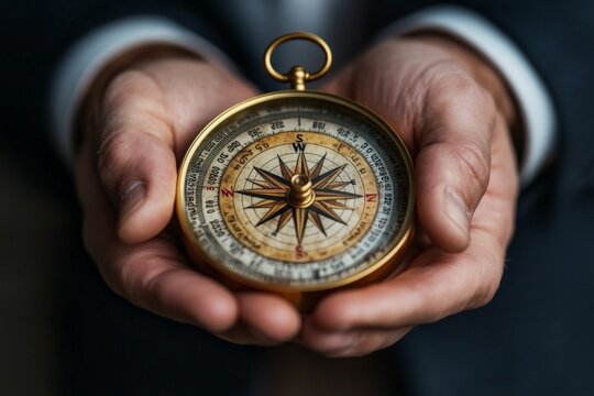 Holding a vintage compass in hands, symbolizing direction and exploration in a thoughtful moment