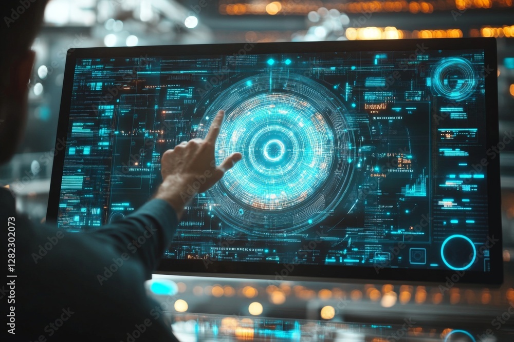 Poster person interacting with a high-tech interface in a futuristic digital workspace during a nighttime s