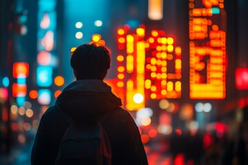 Nighttime stroll through a vibrant city illuminated by neon lights and digital screens