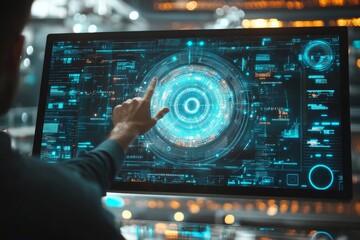 Obraz premium Person interacting with a high-tech interface in a futuristic digital workspace during a nighttime setting