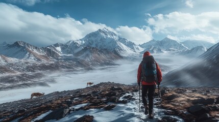 Changtang, Tibet, China  A backpacker treks across the high-altitude Changtang Plateau, wild Tibetan antelope in the distance. 