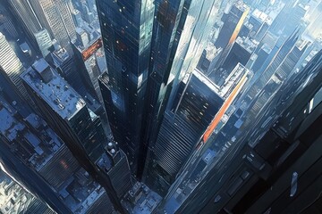 Obraz na płótnie Canvas Aerial view of skyscrapers, city, urban, buildings, metropolis, morning, sunlight, business