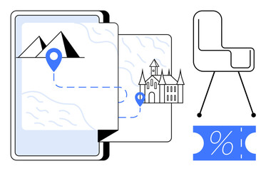 Tablet with map, mountain, castle illustrations, location markers. Chair, percentage ticket icon. Ideal for travel planning, tourism adventure sightseeing booking comfort discounts. Modern