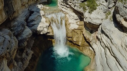 Naklejka premium Waterfall cascades into turquoise pool, mountain gorge, sunny day, aerial view, travel brochure