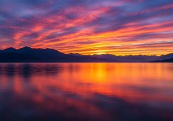 Naklejka premium Lake Reflecting Dramatic Sunrise with Mountain Silhouette and Colorful Sky