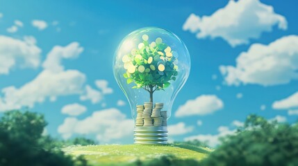 Green energy tree growing in lightbulb, nature background, eco-friendly concept