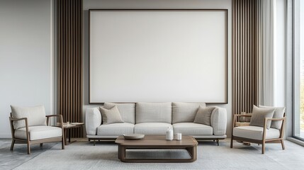 A modern living room featuring a light-colored sofa, two armchairs, a wooden coffee table, and a large blank wall, emphasizing minimalistic style.