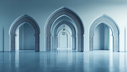 Obraz premium Architectural interior with pixelated arches and geometric patterns in a futuristic design with soft lighting creating a serene and modern atmosphere