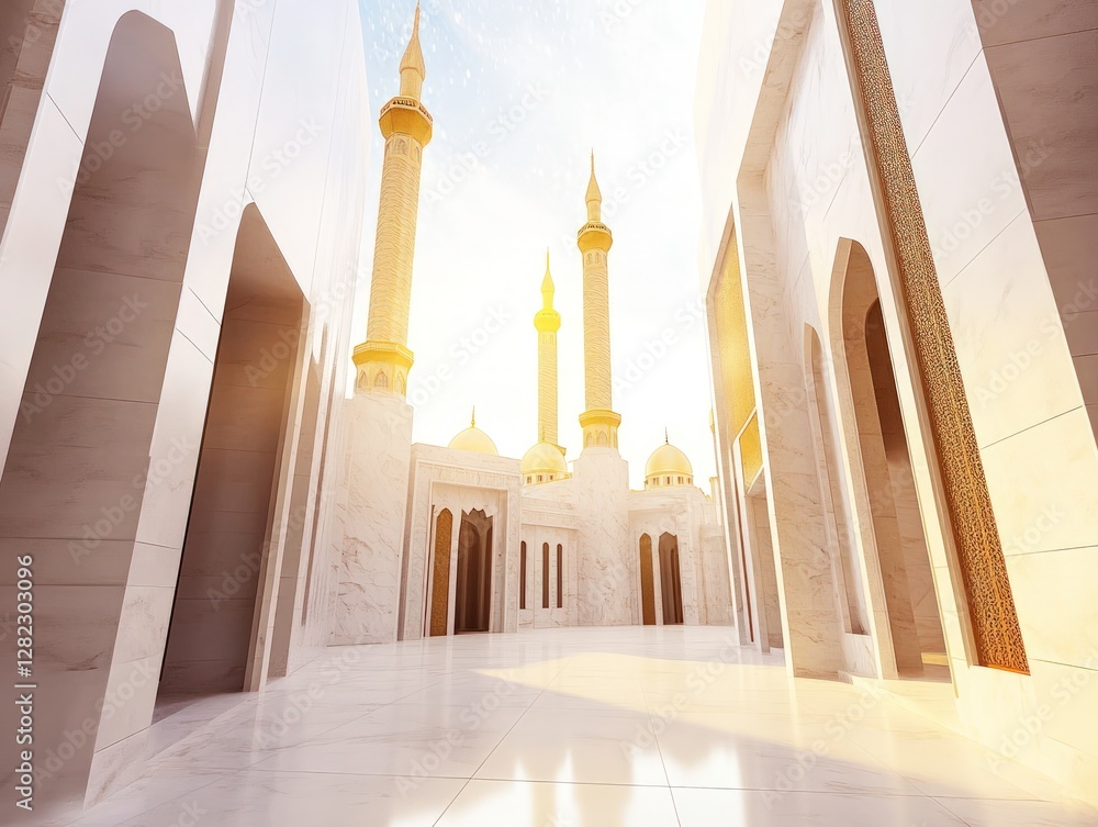 Poster architectural rendering of a white and gold building with sunlight and a clear sky. this image shows