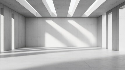 Fototapeta premium A minimalist interior featuring concrete walls and beams, illuminated by natural light streaming through skylights.
