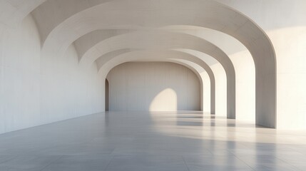 Obraz premium A spacious, minimalistic interior with curved arches and smooth, reflective flooring, illuminated by soft natural light.