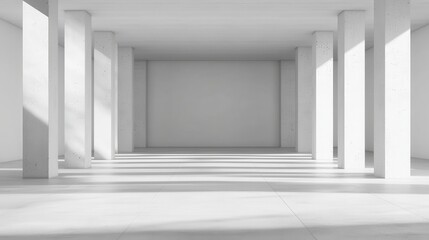 Fototapeta premium A spacious, minimalist interior featuring white walls and columns, with soft shadows creating an open and airy atmosphere.