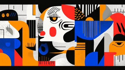 Abstract artistic composition featuring faces and geometric forms boldly colored