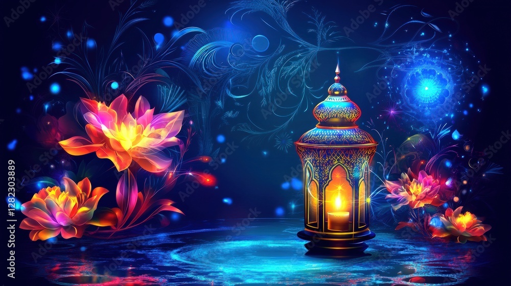 Poster illuminated lantern and colorful floral elements against a dark blue backdrop with sparkling effects