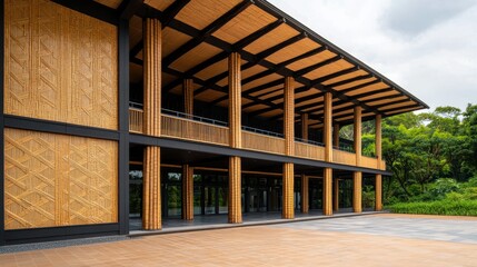 A modern wooden building with large balconies and a natural setting, showcasing a blend of architecture and nature.
