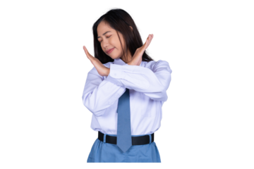 Indonesian Female High School Student in Uniform Showing Cross Sign Saying No Isolated Transparent