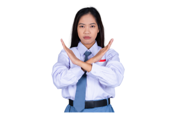Indonesian Female High School Student in Uniform Showing Cross Sign Saying No Isolated Transparent