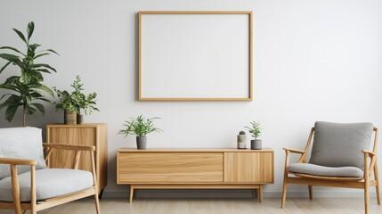 A minimalist living room featuring wooden furniture, indoor plants, and an empty frame on the wall, creating a serene and inviting atmosphere.