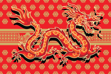 Batik design with dragon motif with dragon, cloud and flower background. Mandarin translation: Dragon