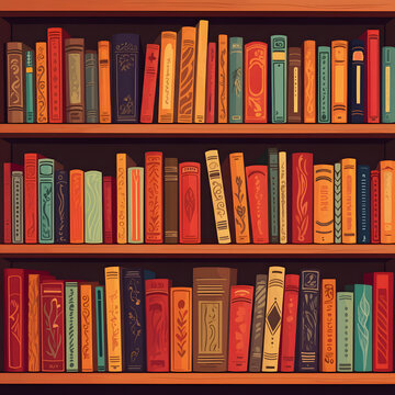 Vintage style illustrated bookshelf with colorful spines classic library decor and nostalgic vintage reading collection