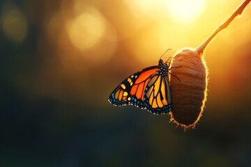 Monarch butterfly perched on seed pod during golden hour with warm sunlight illuminating its wings