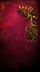 Ornate floral design in gold and green on a textured crimson background