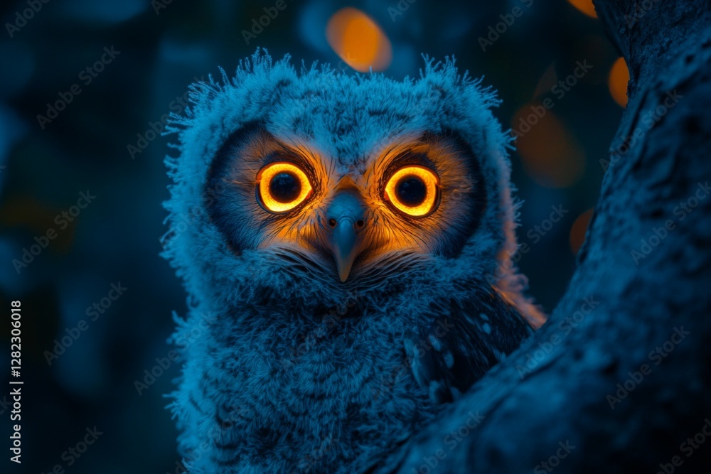 Poster owlet with glowing eyes perched on a tree at night with twilight backdrop in a serene forest